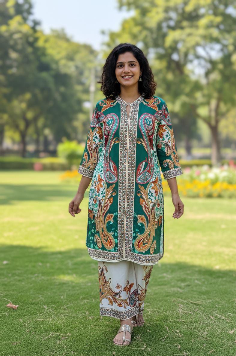 Emerald green paisley-printed co-ord set